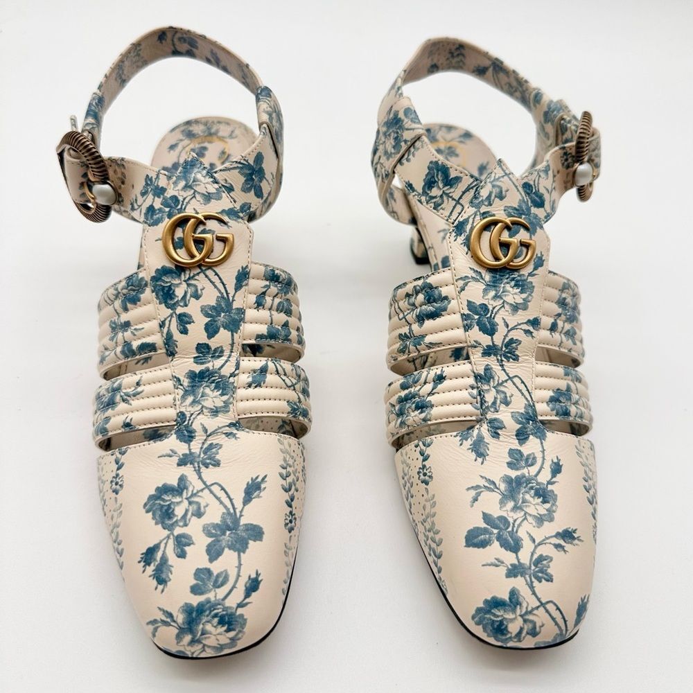 Gucci Gea GG Mid Heel Buds/Floral Blue Leather T-Strap  Sandal Pump EU37.5 US7.5 - Picture 11 of 13